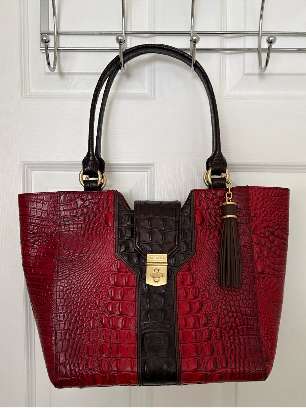 Brahmin Red Croc-Embossed Tote with Dark Brown Trim and Tassel Back TO School Sp